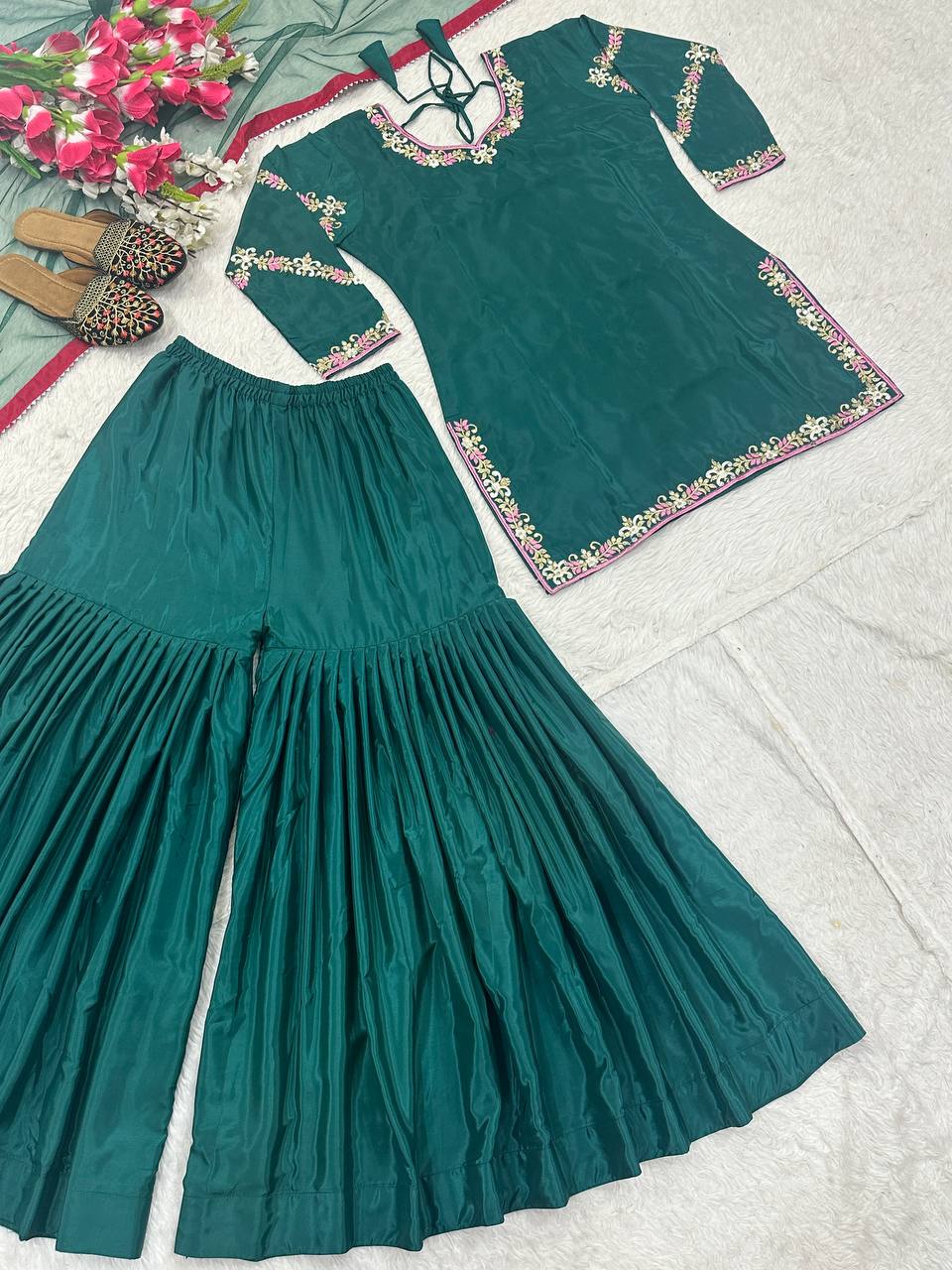 Women’s Natural Crepe Embroidered Sharara Set with Dupatta | Fancy Border Work Kurti & Palazzo | Fully Stitched Party Wear Suit