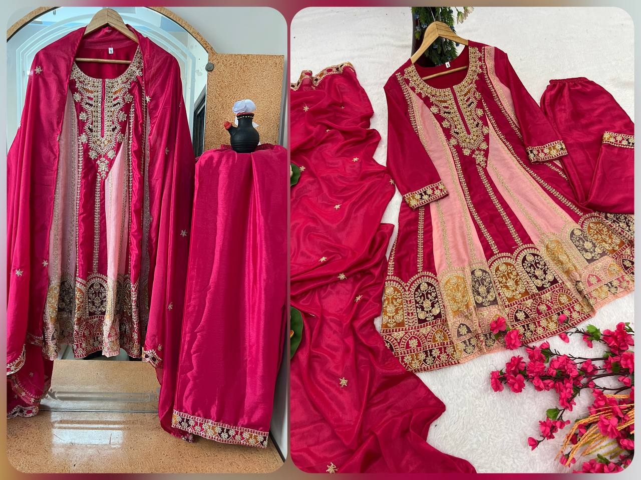 Kurti Plazzo with Dupatta Party Wear Chinon Silk fabric Kurti pair has a Regular-fit