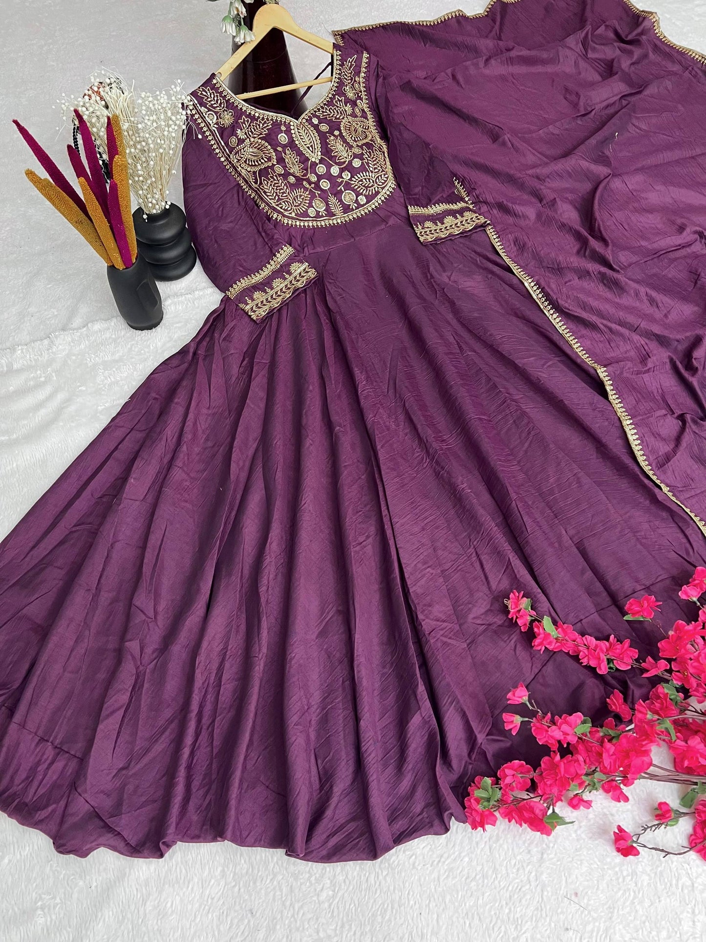 Premium Heavy Parampara Silk Gown with Embroidered Dupatta – 8 Mtr Flair, Padded Design & Sequins Embroidery