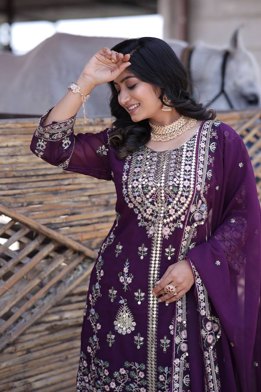 Elegant Faux Georgette Silk Sequin Embroidered Kurti Set with Sequin Embroidery & Lace Dupatta