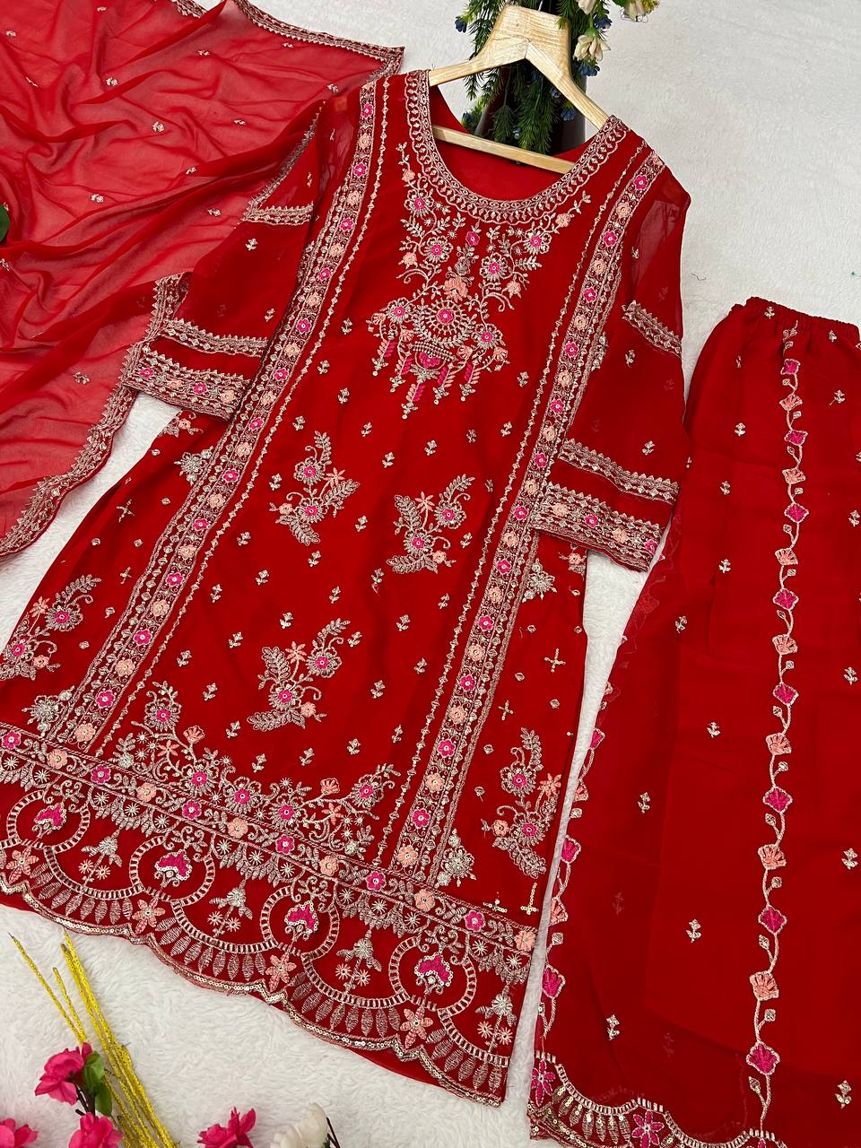 Heavy Faux Georgette Silk Kurti & Plazzo Set with Embroidered Lace Dupatta & Sequin Work