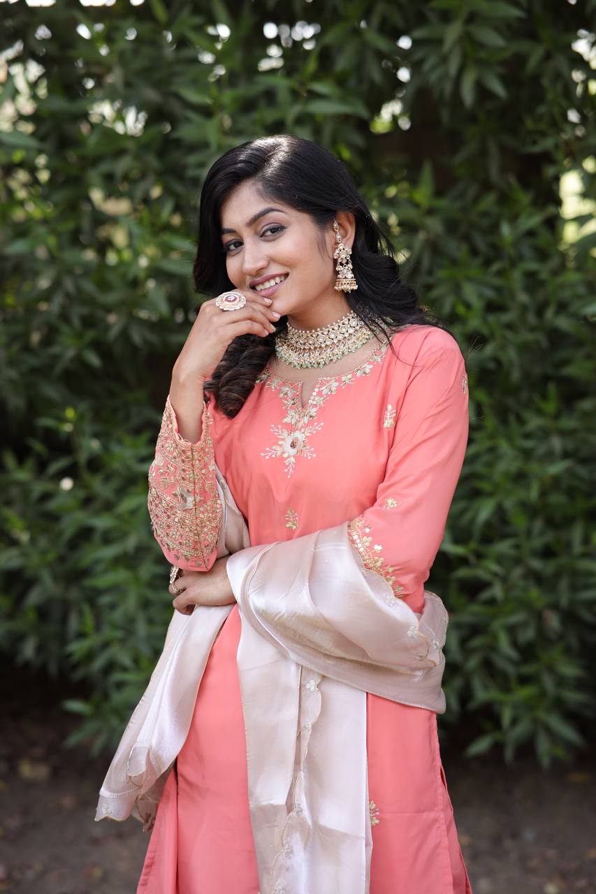 Natural Silk Kurti & Dhoti Set with Jimmy Choo Silk Dupatta & Sequin Embroidery