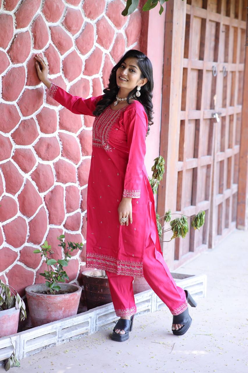 Cambric Cotton Kurti & Pant Set with Multi-Sequin Embroidery – 2-Piece Pair