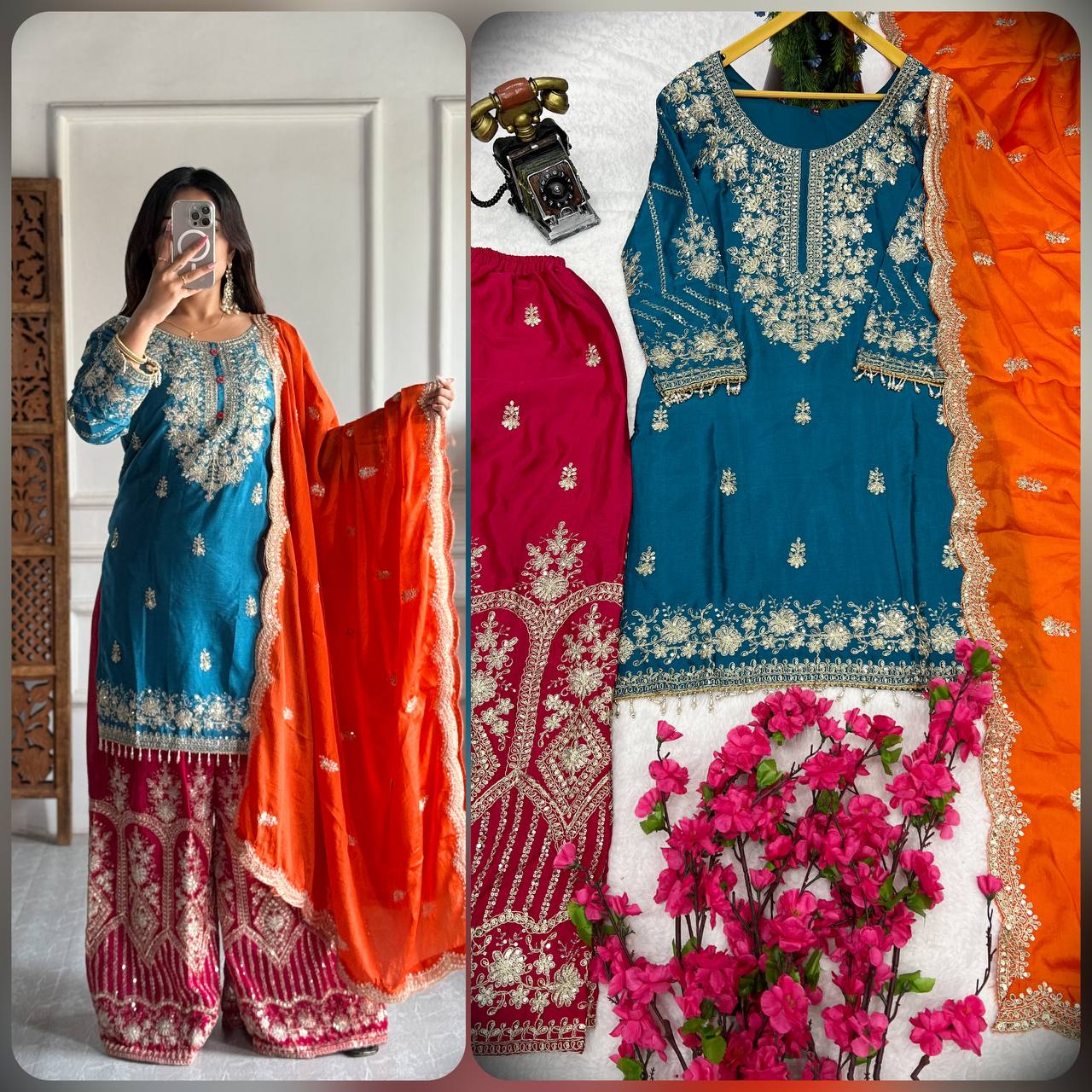 Heavy Pure Chinon Silk Kurti Set with Plazzo & Embellished Dupatta – Multi-Needle Embroidery & Sequins (Fully Stitched)