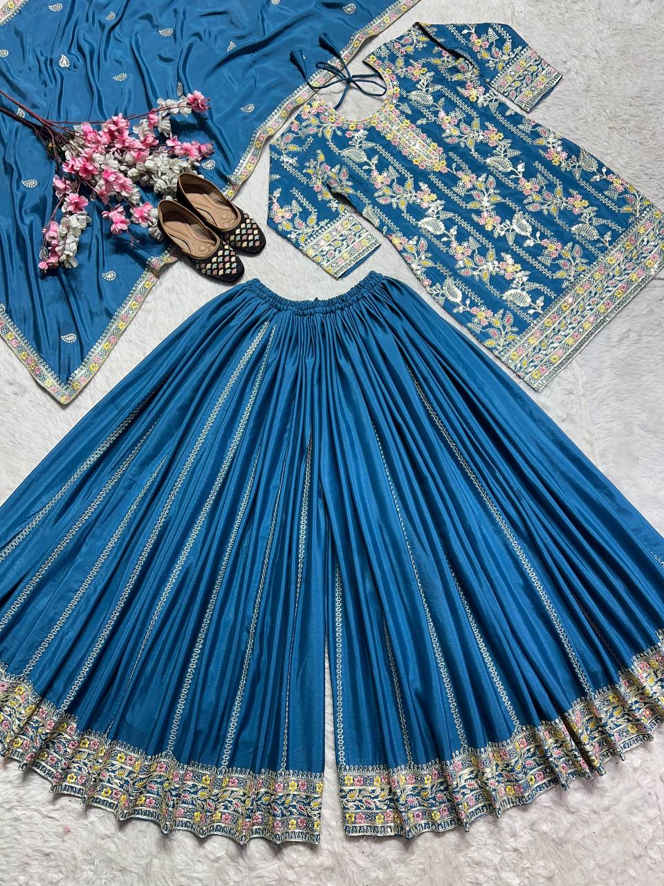 Designer Pure Heavy Chinon Silk Embroidered Palazzo Suit Set with Coding Sequins Work & Dupatta Fully Stitched Party & Wedding Wear for Women