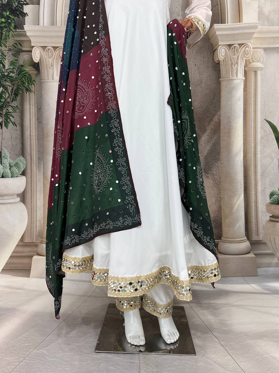 Elegant Pure Natural Silk Gown Set with Pant & Mirror-Embellished Dupatta – Multi-Needle Embroidery (Fully Stitched, 4m Flair)