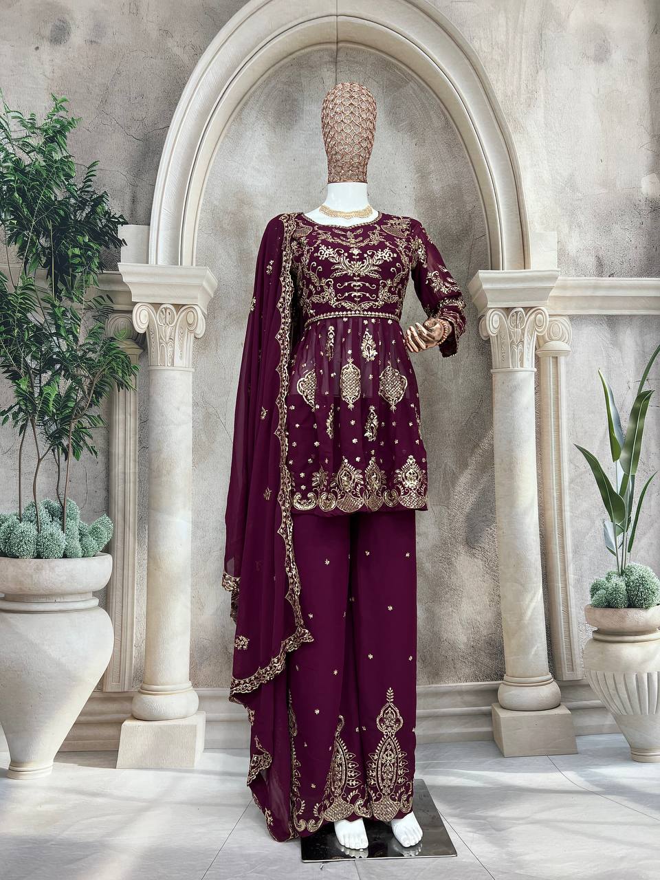 Stylish Faux Georgette Silk Kurti Set with Plazzo & Embellished Dupatta – Multi-Needle Sequins Work (Fully Stitched)