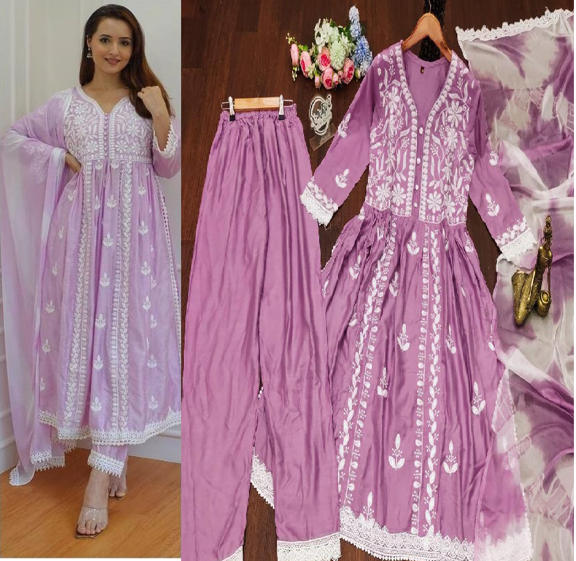 Premium Rayon Fabric Cotton Top with beautiful chikankari work ,full pent with Nazneen dye Duppta set