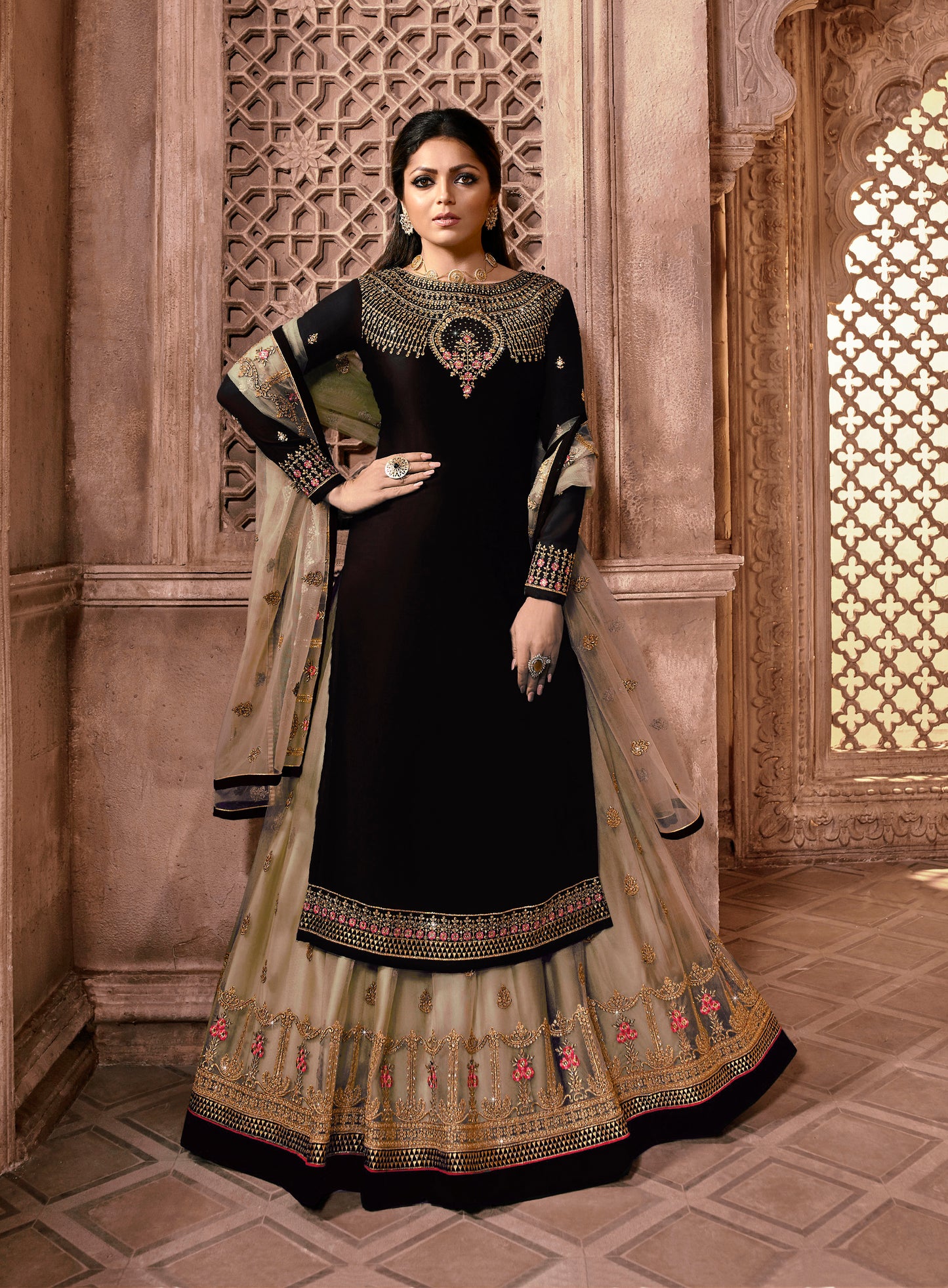 Black Designer Georgette Butterfly Net Ghaghara Style Salwar Suit By Dealbazaars For Womens