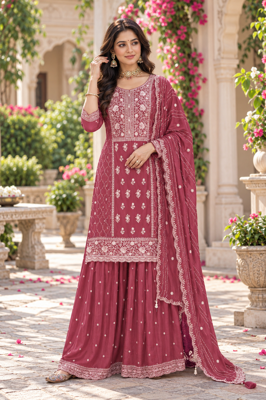Pakistani Suit for Women Heavy Work Chinon Sequence Embroidery Work Wonderful Semi-Stitched Sharara Suit