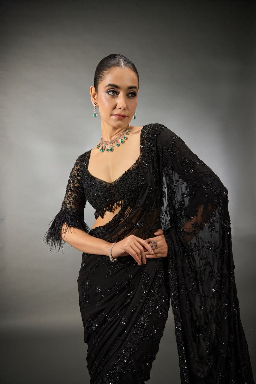 Heavy Quality Faux Georgette | Heavy Cpallu Zaal & Embroidery Work with 5mm Sequins & Multy Embroidery work done in Saree | Heavy Embroidery Front & Back Blouse With Sleeves