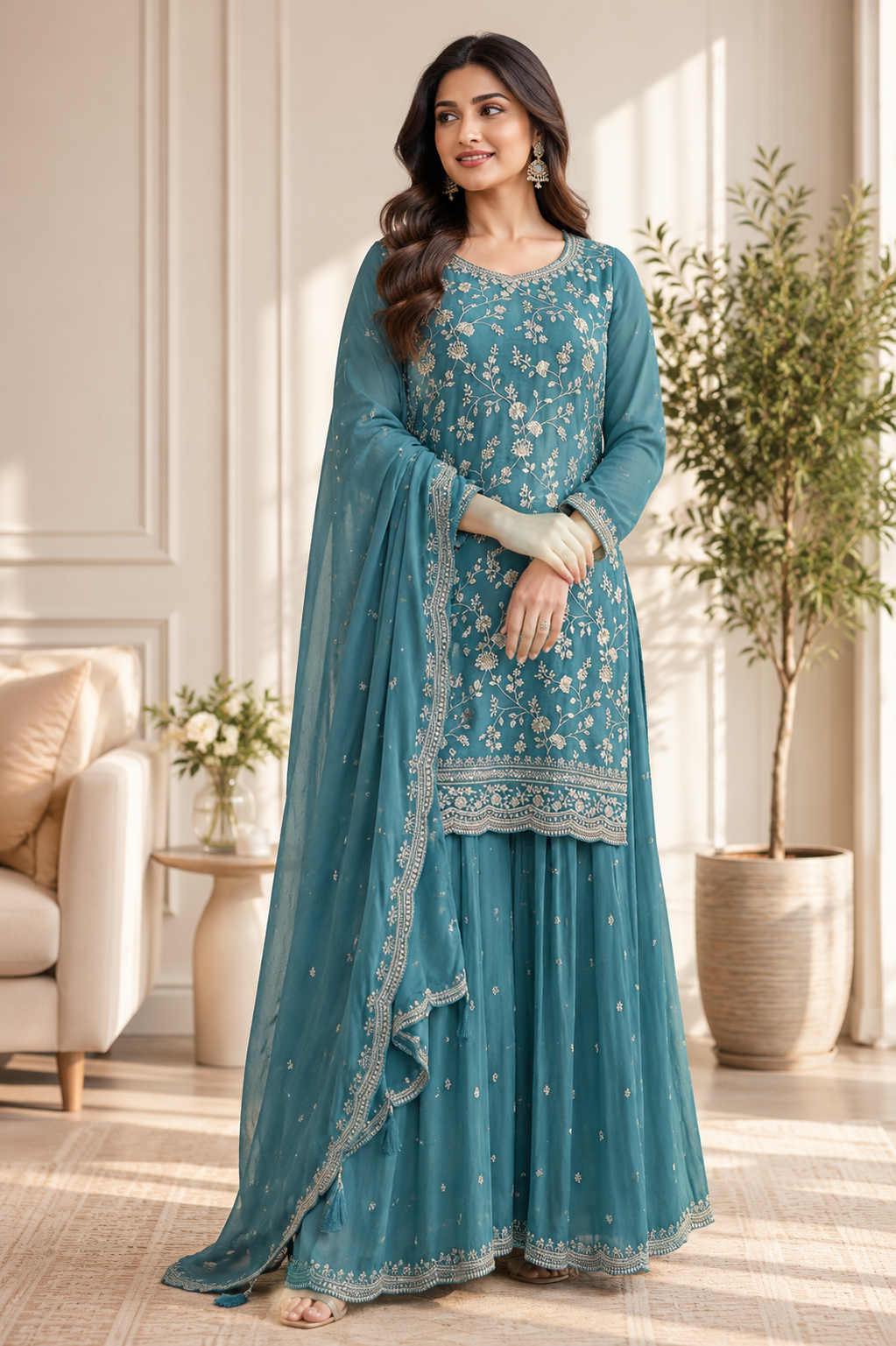 Vichitra Silk Sequence Embroidery Multi Purpose Semi-Stitched Pakistani Sharara Suit Material
