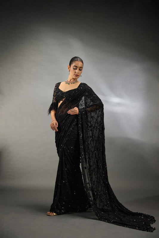 Heavy Quality Faux Georgette | Heavy Cpallu Zaal & Embroidery Work with 5mm Sequins & Multy Embroidery work done in Saree | Heavy Embroidery Front & Back Blouse With Sleeves