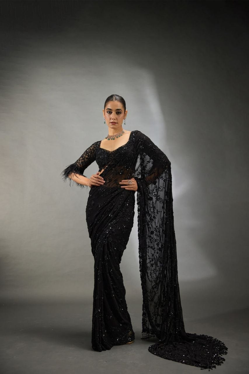 Heavy Quality Faux Georgette | Heavy Cpallu Zaal & Embroidery Work with 5mm Sequins & Multy Embroidery work done in Saree | Heavy Embroidery Front & Back Blouse With Sleeves