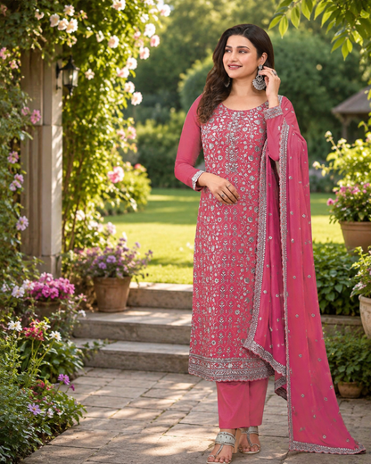 Fancy Look Women Pakistani Suit Vichitra Silk Sequence Embroidery Wonderful Semi-Stitched Salwar Suit Material