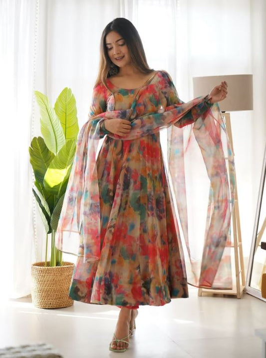 Multi color designer stylish digital printed anarkali dress with dupatta for function wear