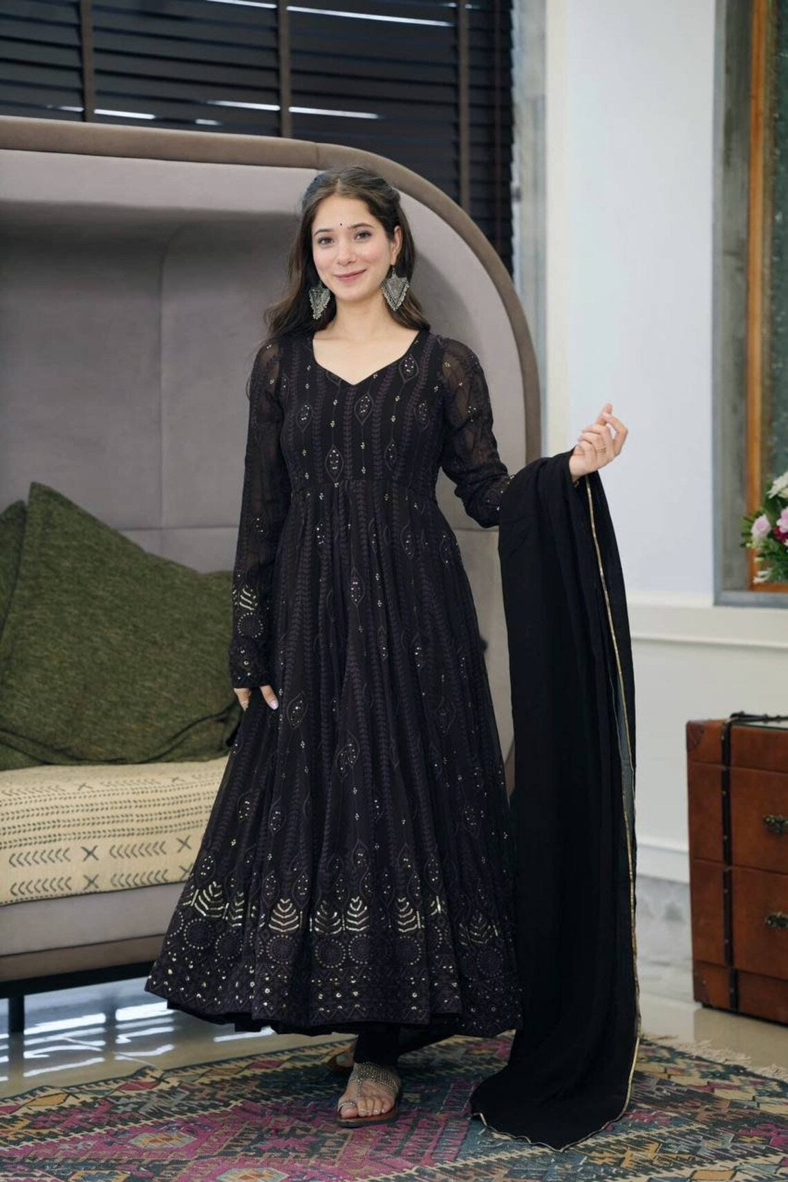 Black Georgette Heavy Embroidery Work Gown with Dupatta Bridensmind Dresses black Party Wear Gown For Woman