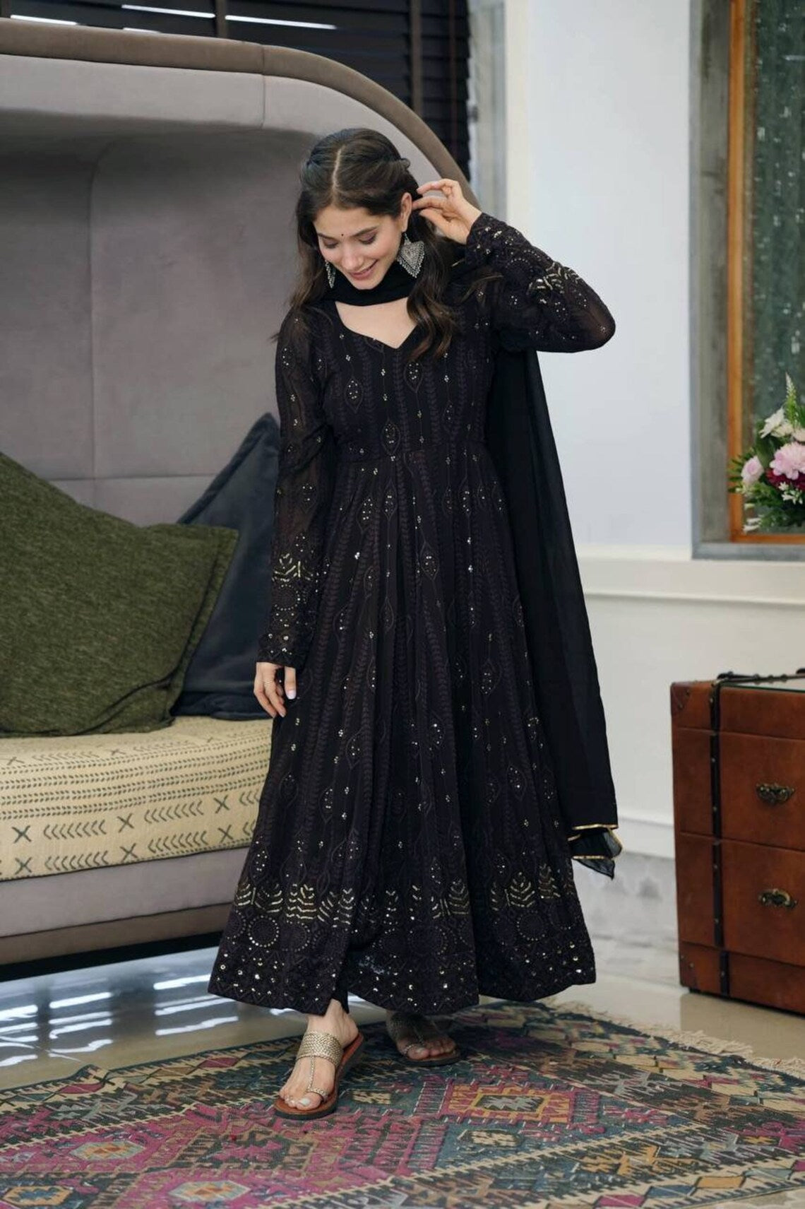 black dress for women party wear Fnooota Dresses Women, V Neck Casual Spring Fall Long Sleeve Maxi Dresses Size S Creates a graceful and flattering silhouette Luxurious Satin Fabric Party Wear Gown Black Long