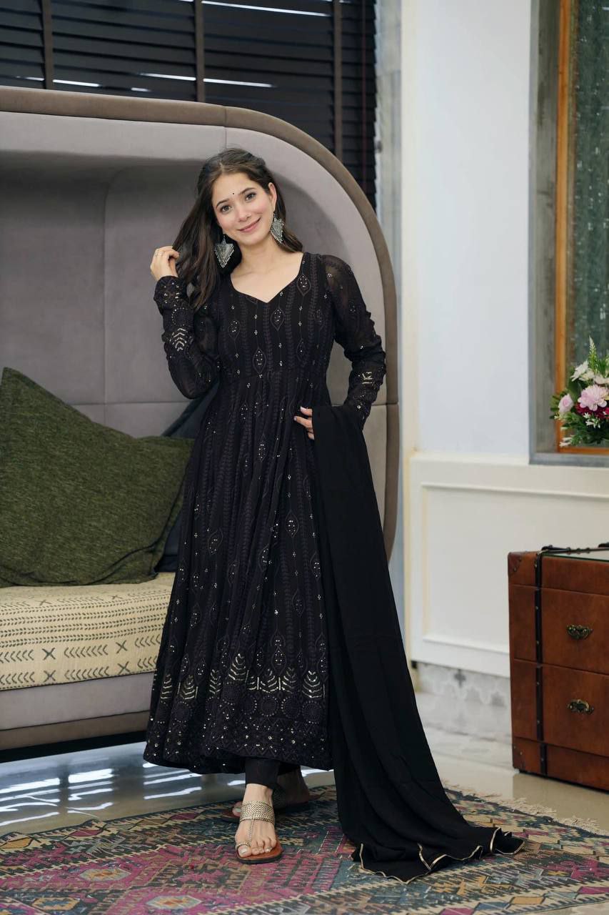 For Wedding Embroidered Party Dresses Black Color Designer Anarkali Set With Sequence Work Koti For Party For Wedding Embroidered Party Dresses Black Color Designer Anarkali Set With Sequence Work Koti For Party