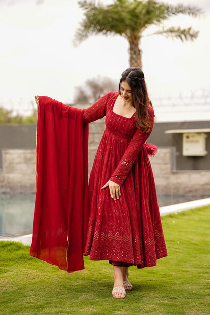 Indian Traditional Red Embroidery Anarkali Kurta Set & Dupatta with Sequin Work, Salwar Kameez Readymade Dresses, Wedding Wear for women