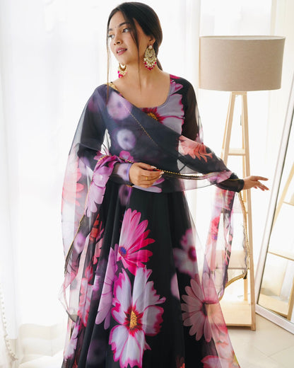Black Trendy Style Anarkali Organza Gown New Look Attractive Georgette Beautiful Flowers Printed Kurti With Dupatta By Dealbazaars