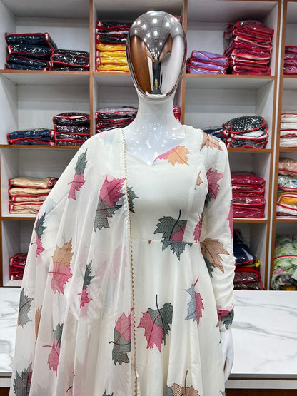 WHITE STYLE ANARKALI ,DUPPTA FULL SET WITH PENT READY TO WEAR By Dealbazaars