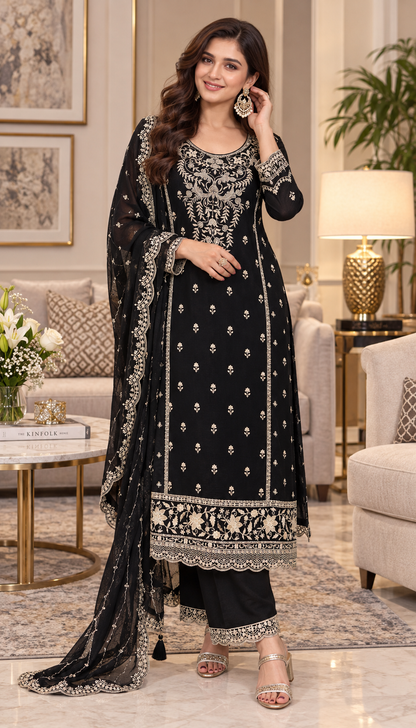 Heavy Work Chinon Sequence Embroidery Beautiful Semi-Stitched Pakistani Salwar Suit Material