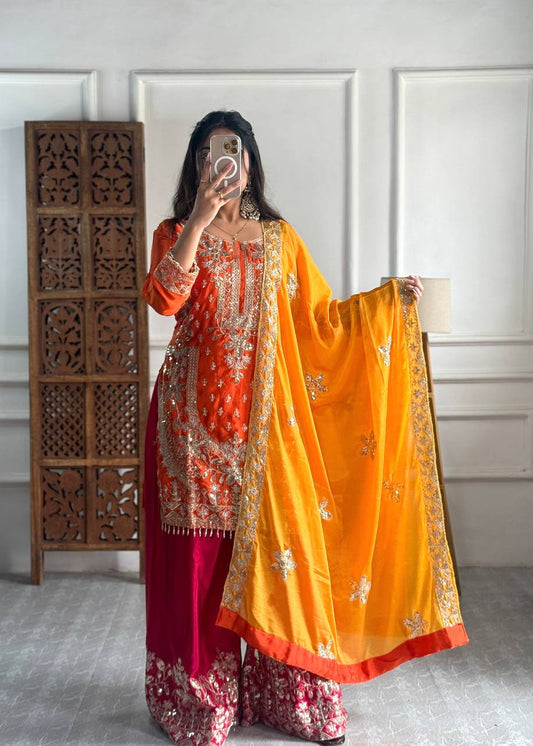 Graceful Pure Chinon Silk Kurti Set with Plazzo & Embroidered Dupatta – Multi-Needle Sequin Work (Fully Stitched)