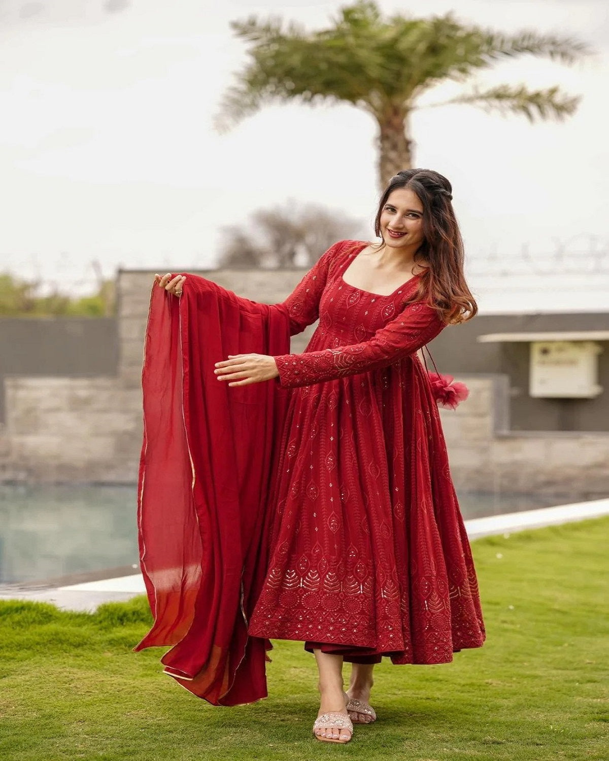 Indian Traditional Red Embroidery Anarkali Kurta Set Dupatta with Se Dealbazaarsonline