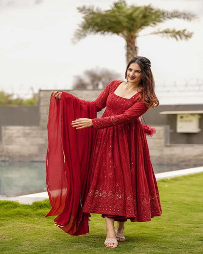 red anarkali dress for wedding Red Anarkali Dress with Gold Border, Indian Wedding Party Wear, Readymade Salwar Kameez, Ethnic Festive Gown for Women