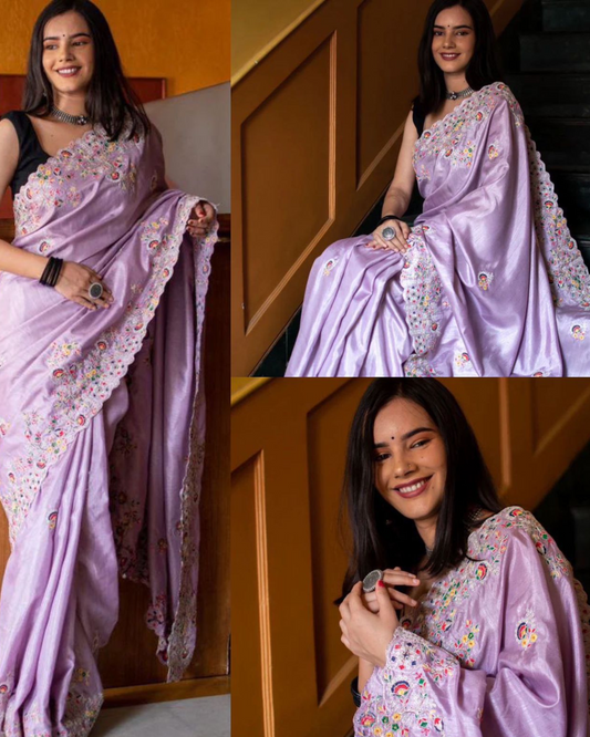 Purple Silk Modal Embroidered Breezy Light Weight Saree with Blouse Piece By Dealbazaars