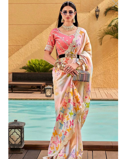 Exclusive Peach Georgette  Embroidery Work & 7 mm sequions Saree With Blouse -BT-1177 By Dealbazaars