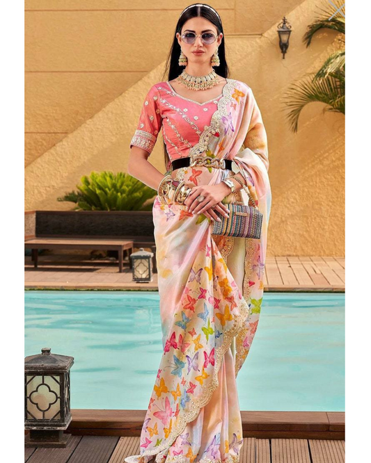 Exclusive Peach Georgette  Embroidery Work & 7 mm sequions Saree With Blouse -BT-1177 By Dealbazaars