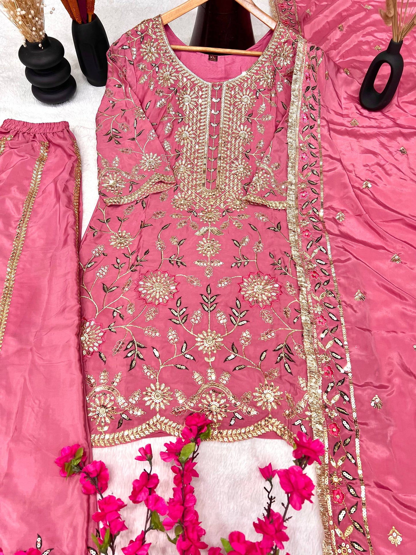 Premium Heavy Pure Natural Crepe Silk Sharara Set with Dupatta – Multi-Needle Sequins Embroidery (Fully Stitched)