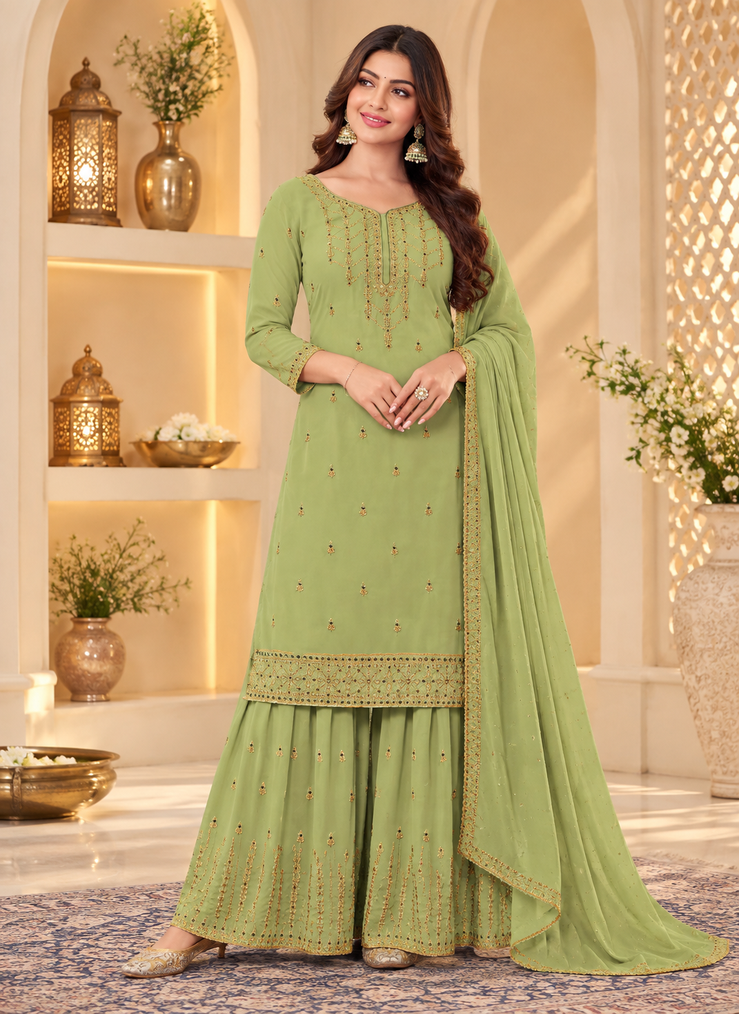Pakistani Women's Light Weight Georgette Zari Embroidered Beautiful Semi-Stitched Sharara Suit