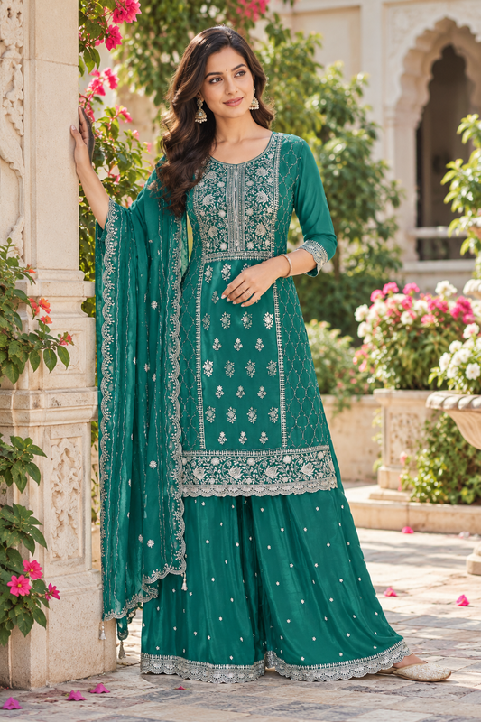 Pakistani Suit for Women Heavy Work Chinon Sequence Embroidery Work Wonderful Semi-Stitched Sharara Suit