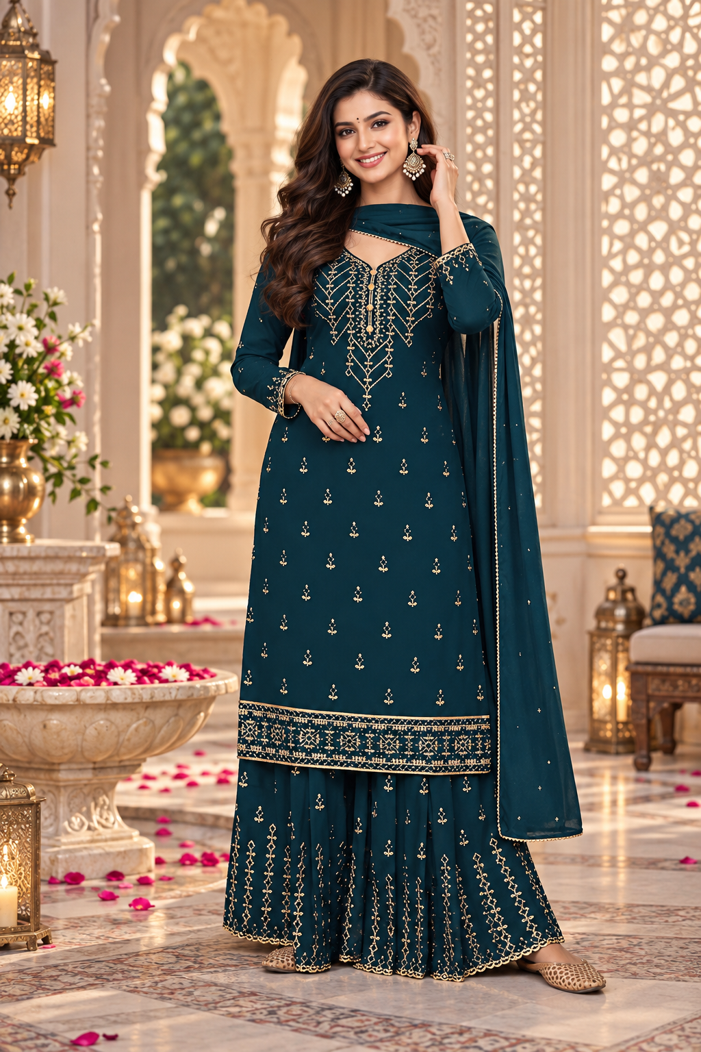 Pakistani Women's Light Weight Georgette Zari Embroidered Semi-Stitched Sharara Suit