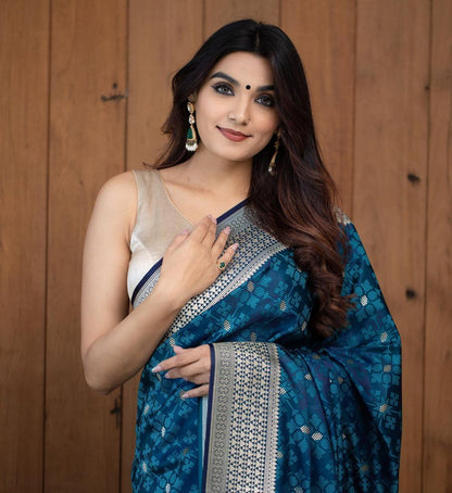 Tremendous Blue Color Wedding Wear Soft Lichi Silk Designer Jacquard Work All Over Saree With Blouse By Dealbazaars