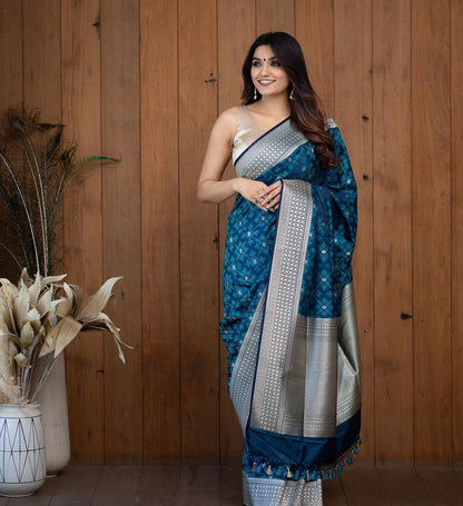 Tremendous Blue Color Wedding Wear Soft Lichi Silk Designer Jacquard Work All Over Saree With Blouse By Dealbazaars