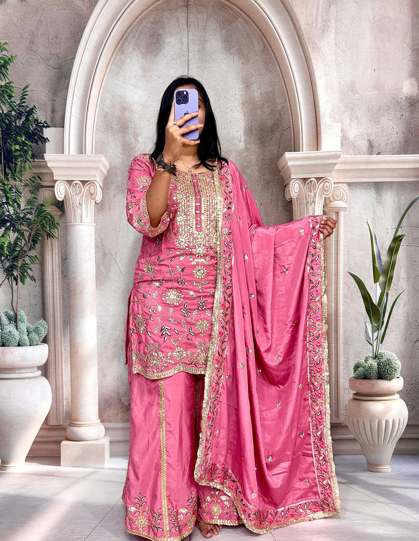 Premium Heavy Pure Natural Crepe Silk Sharara Set with Dupatta – Multi-Needle Sequins Embroidery (Fully Stitched)