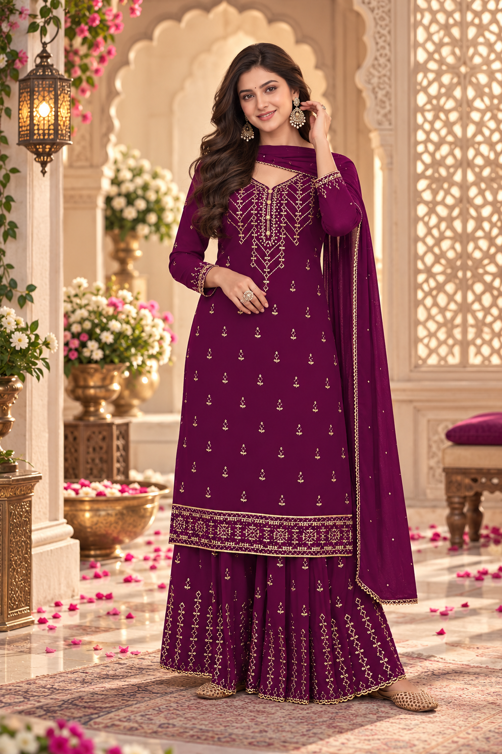 Pakistani Women's Light Weight Georgette Zari Embroidered Semi-Stitched Sharara Suit