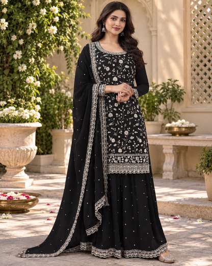 Beautiful Vichitra Silk Sequence Embroidery Multi Purpose Semi-Stitched Pakistani Sharara Suit Material