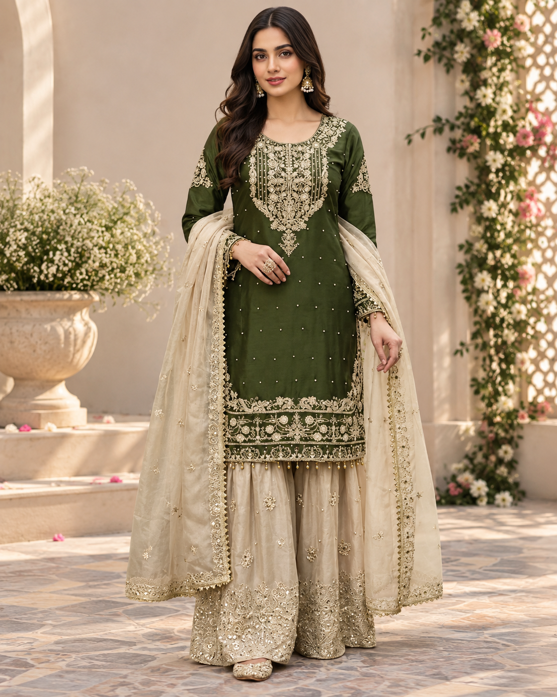 Function Wear Chinon Coding Sequence Embroidery Work Wonderful Semi-Stitched Sharara Suit