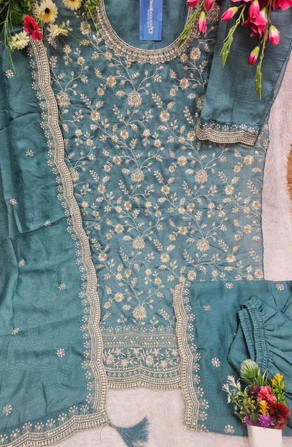 Vichitra Silk Sequence Embroidery Multi Purpose Semi-Stitched Pakistani Sharara Suit Material