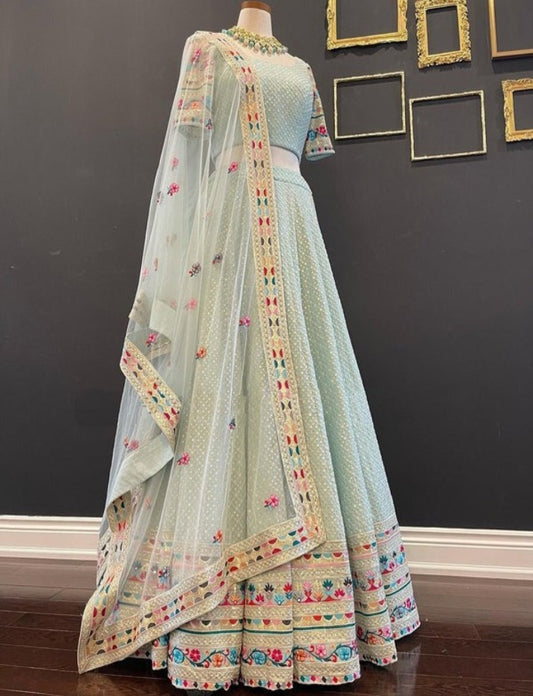 Women's Sky Blue Faux Georgette Designer Semi-stitched Lehenga Choli and Dupatta for Wedding & Haldi Function