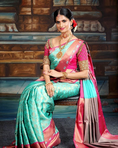 Pista Pink Banarasi Soft Lichi Silk Saree For Beautiful Rich Pallu & Jacquard Lace Border Work Saree With Blouse Piece