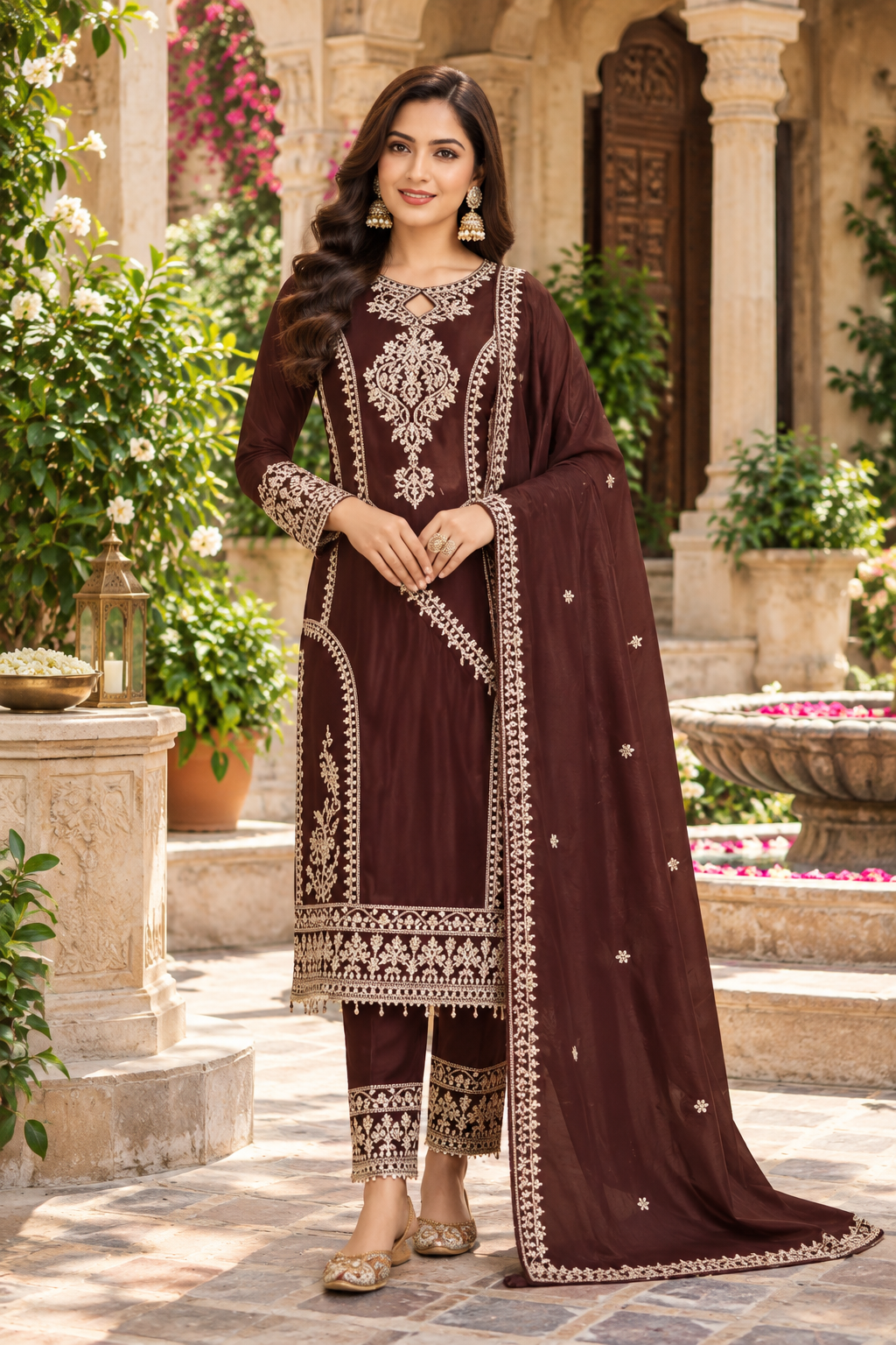 Women's Leheriya Embroidered Regular Sequinned Kurta with Trousers & With Dupatta