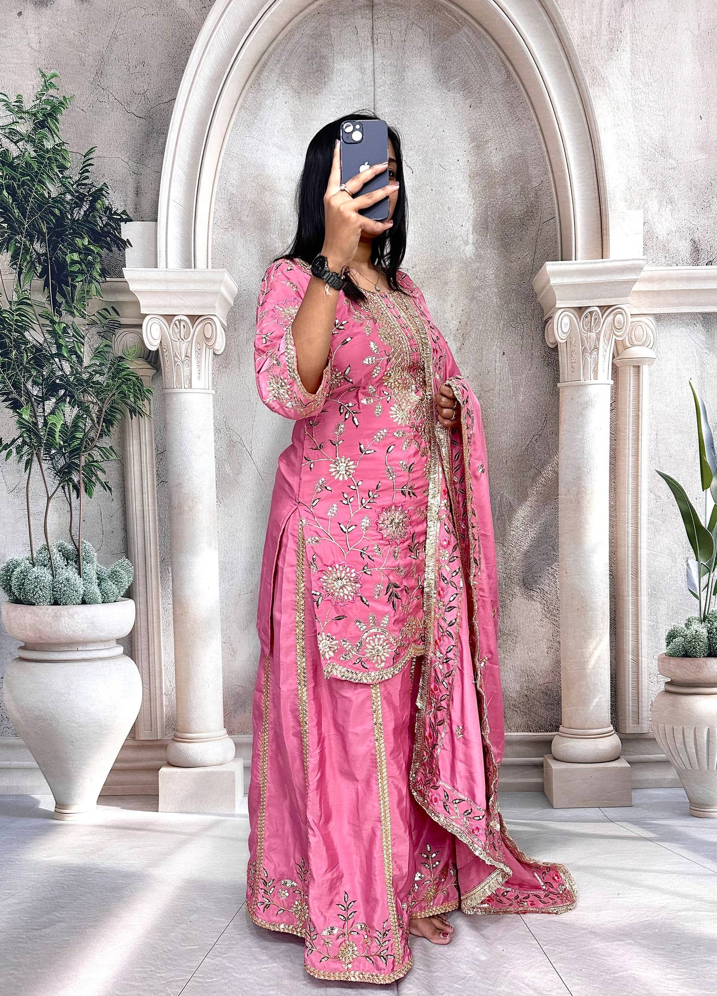 Premium Heavy Pure Natural Crepe Silk Sharara Set with Dupatta – Multi-Needle Sequins Embroidery (Fully Stitched)