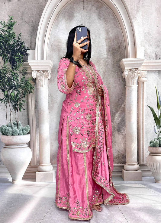 Premium Heavy Pure Natural Crepe Silk Sharara Set with Dupatta – Multi-Needle Sequins Embroidery (Fully Stitched)