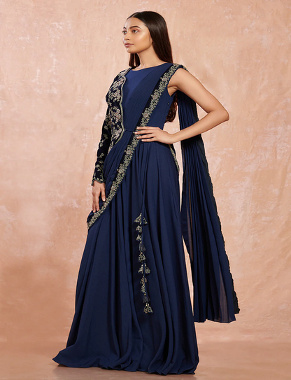 Navy Blue Georgette Saree With Fancy Half Jacket Blouse & Black Georgette Floral Border Saree